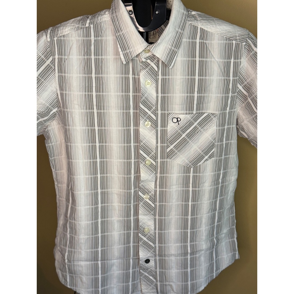 Ocean Pacific Mens Short Sleeve Button Down Shirt Grey White Plaid Cotton‎ M